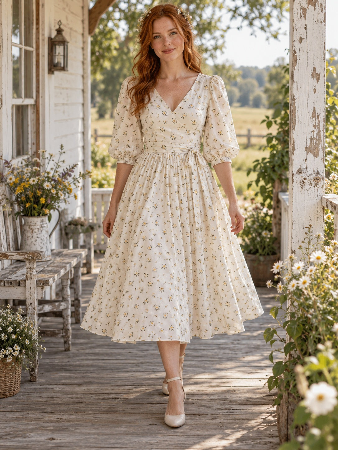 Vintage-Brautkleid aus Baumwolle in Teelänge mit V-Ausschnitt, Puffärmeln, Bienen- und Gänseblümchenmotiv sowie A-Linien-Schnitt