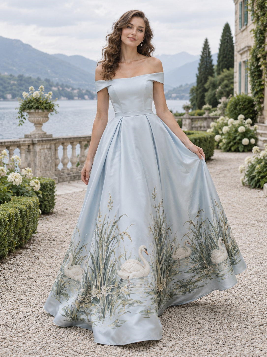 Off Shoulder Swan Garden Sleeveless A-Line Satin Wedding Dress - view 1