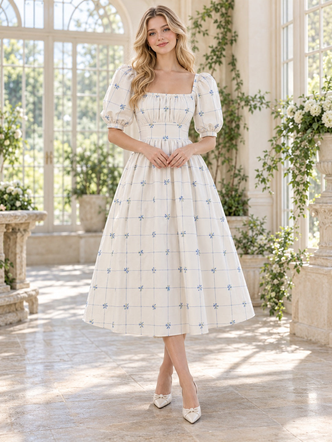 Teelanges blaues Vintage-Brautkleid aus Popeline mit Karomuster, Blumenprint, eckigem Ausschnitt, gerafften halblangen Puffärmeln und quadratischer Silhouette