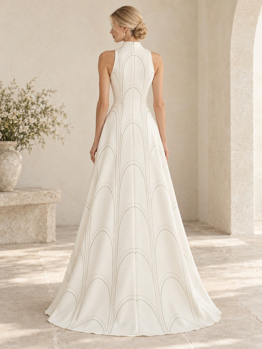 High Neck Sage Taupe Fine Arch Print Sleeveless Simple Crepe A-line Wedding Dress - view 2