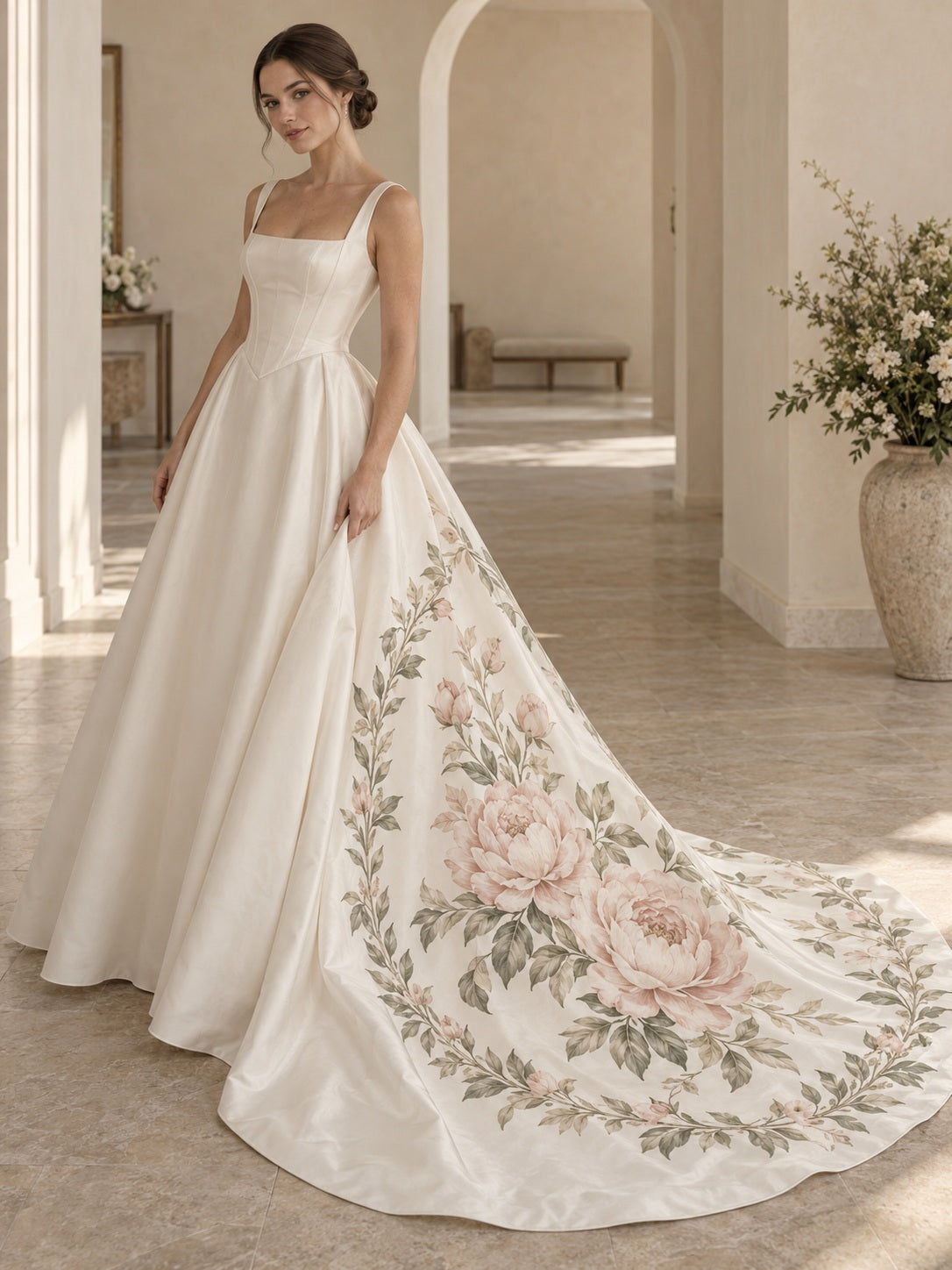 Blush-farbenes A-Linien-Brautkleid aus Mikado mit Pfingstrosen-Print, Schleppe, eckigem Ausschnitt und spitzer Taille