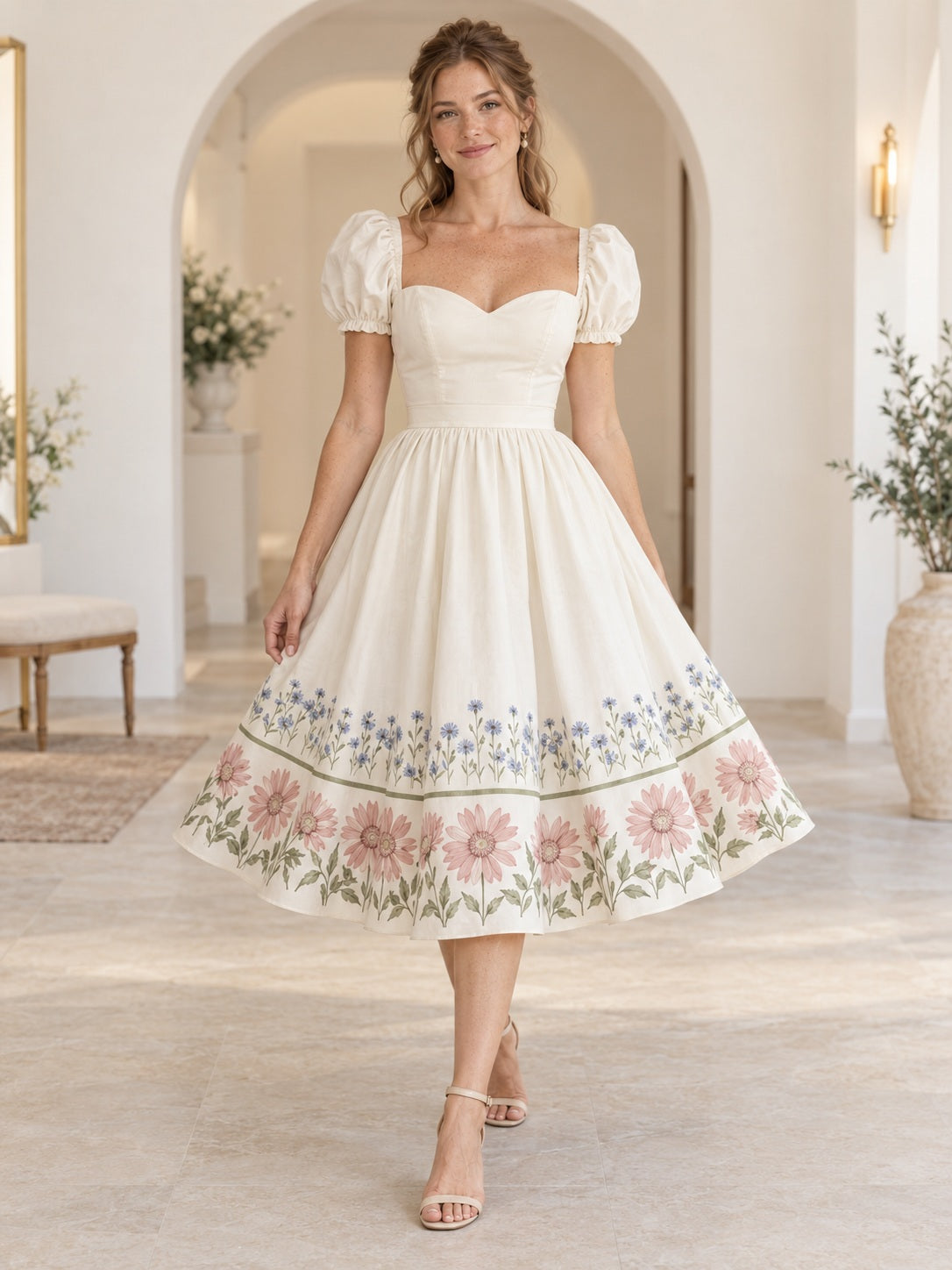 Teelanges, vintage-inspiriertes Hochzeitskleid in Rosa mit blauem Blumenrand, herzförmigem Ausschnitt, Puffärmeln und Raffungen