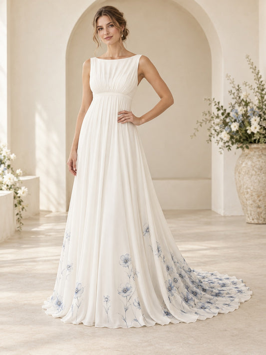 Robe de mariée Empire bleue à imprimé floral, sans manches, coupe bateau, fluide avec traîne