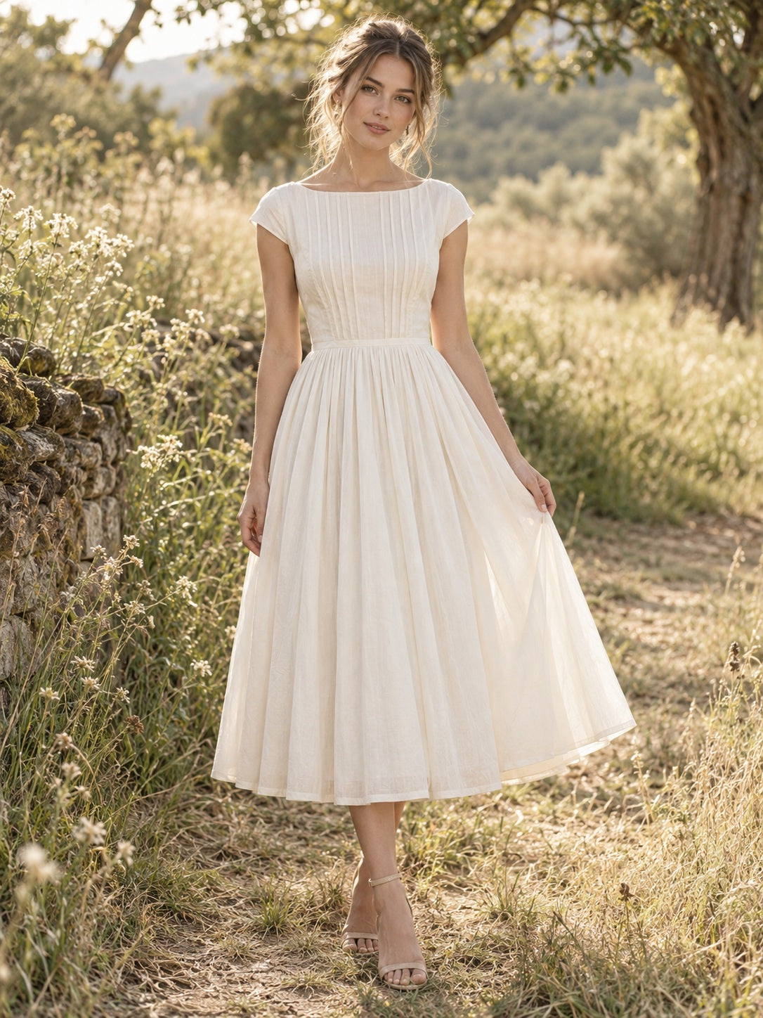 Boho-Brautkleid in Teelänge mit dezentem Bateau-Ausschnitt, feinen Falten und Knopfleiste am Rücken