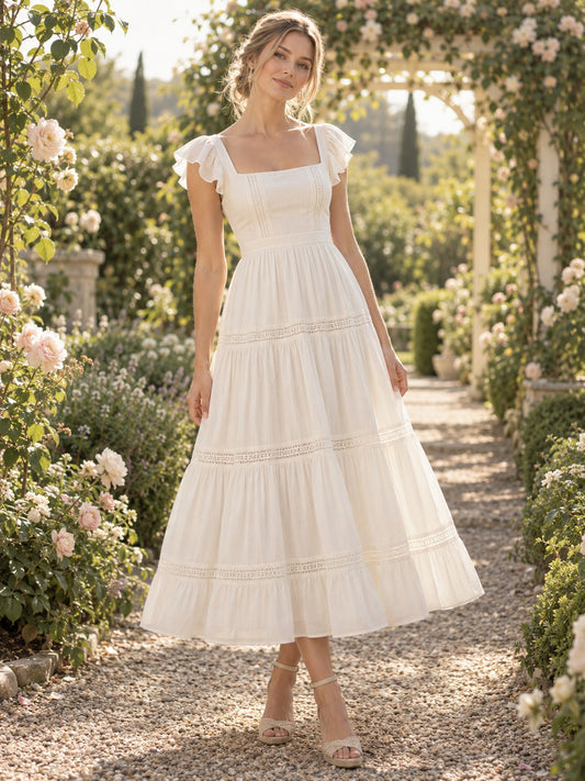 Robe de mariée bohème longueur thé à col carré, manches papillon et volants étagés