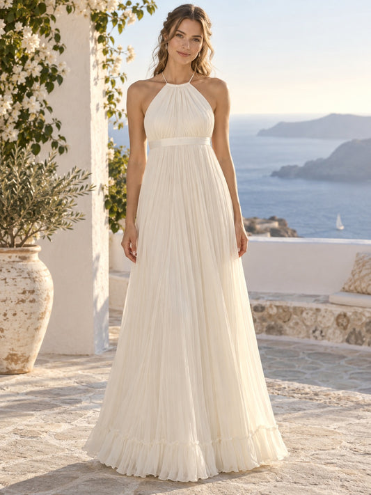 Robe de mariée bohème à col montant dos nu et jupe empire
