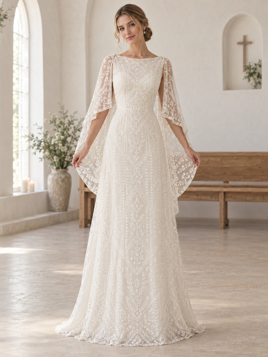 Vestido de novia de encaje en marfil, línea A, escote barco, media manga y largo hasta el suelo