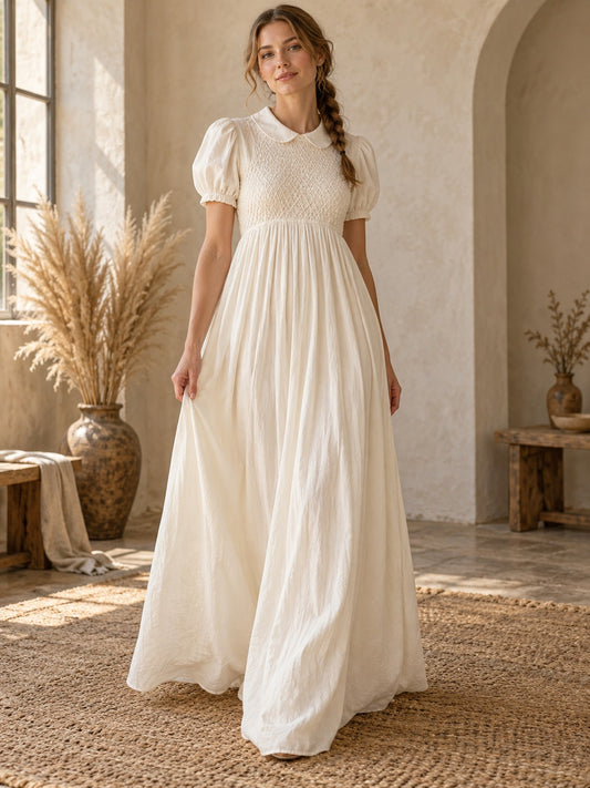 Vintage Modest Boho Short Puff Sleeve Rounded Collar Lattice Smocked Gathered Floor-length A-line Bridal Gown - view 1