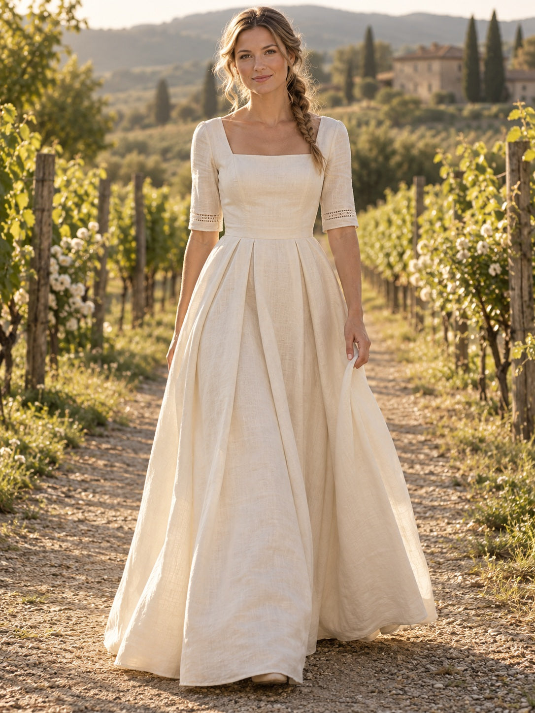 Square Neck Simple Modest Rustic Elbow Sleeve Lace Trim Bridal Dress - view 1
