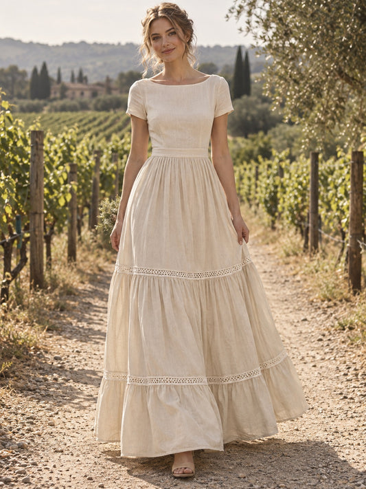 Vestido de novia de algodón y encaje en crema, de inspiración vintage, línea A, escote barco, manga corta y largo hasta el suelo