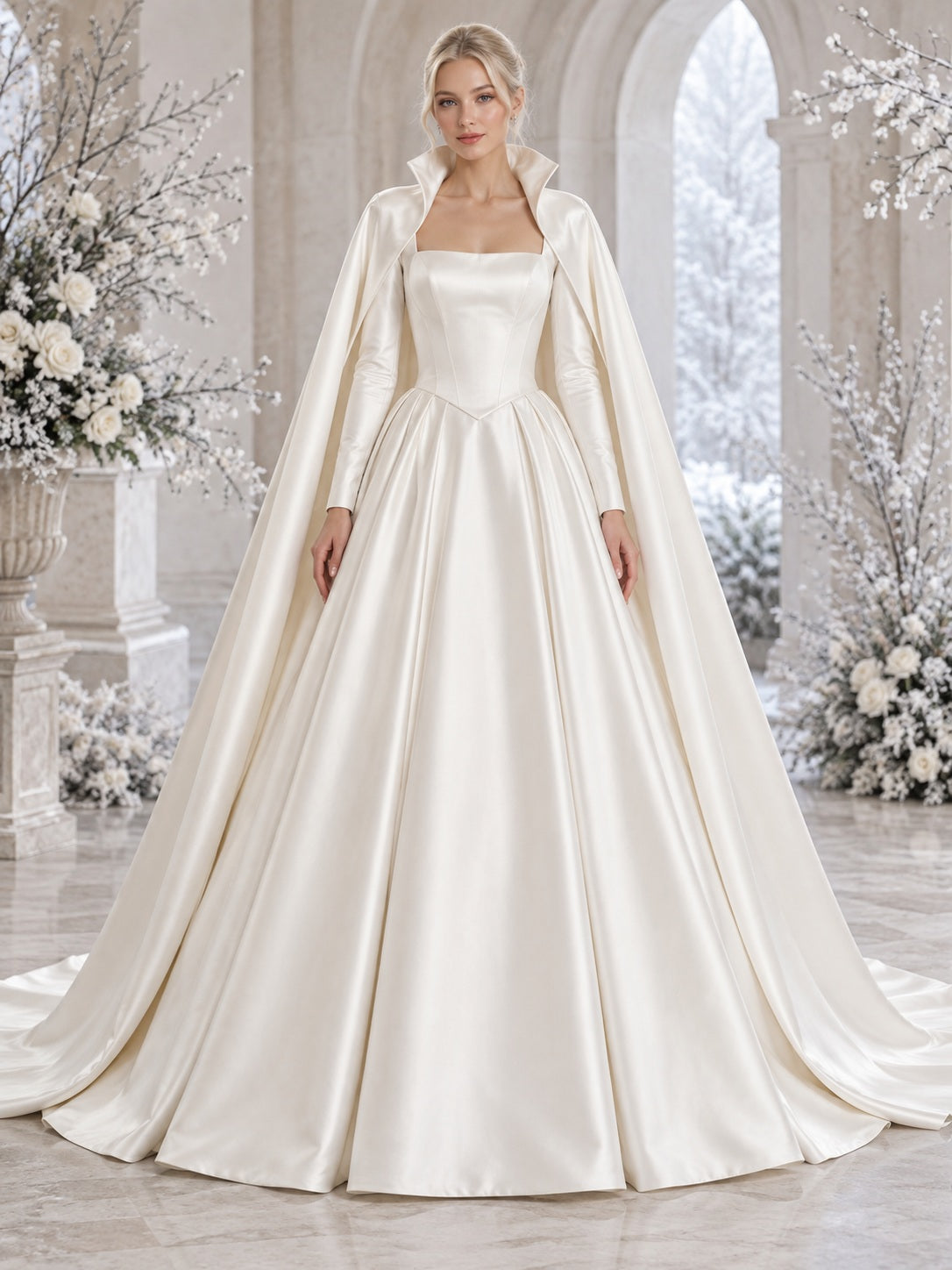 Square Neck Long Sleeve Pleated A-line Satin Winter Wedding Cape Dress - view 1