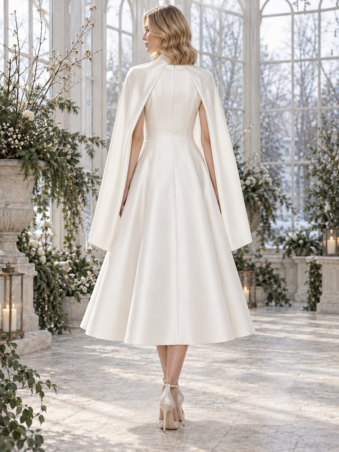 Teelanges, dezentes A-Linien-Winterhochzeitskleid aus Satin mit hohem Ausschnitt und Cape