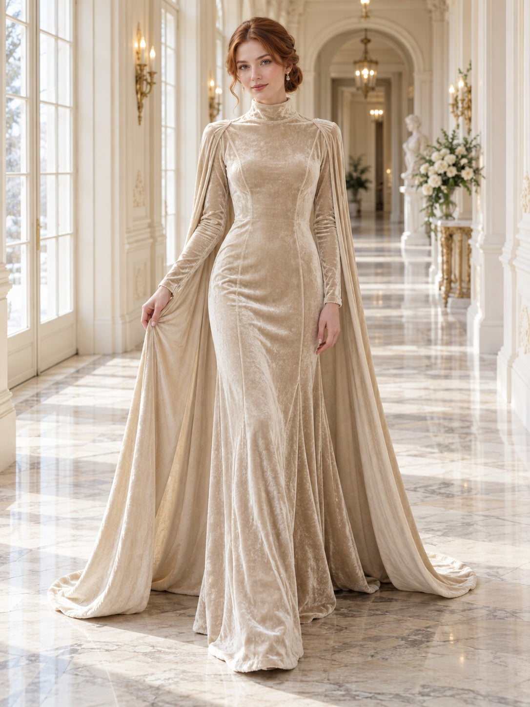 Modest High Neck Long Sleeve Champagne Velvet Mermaid Wedding Cape Dress - view 1