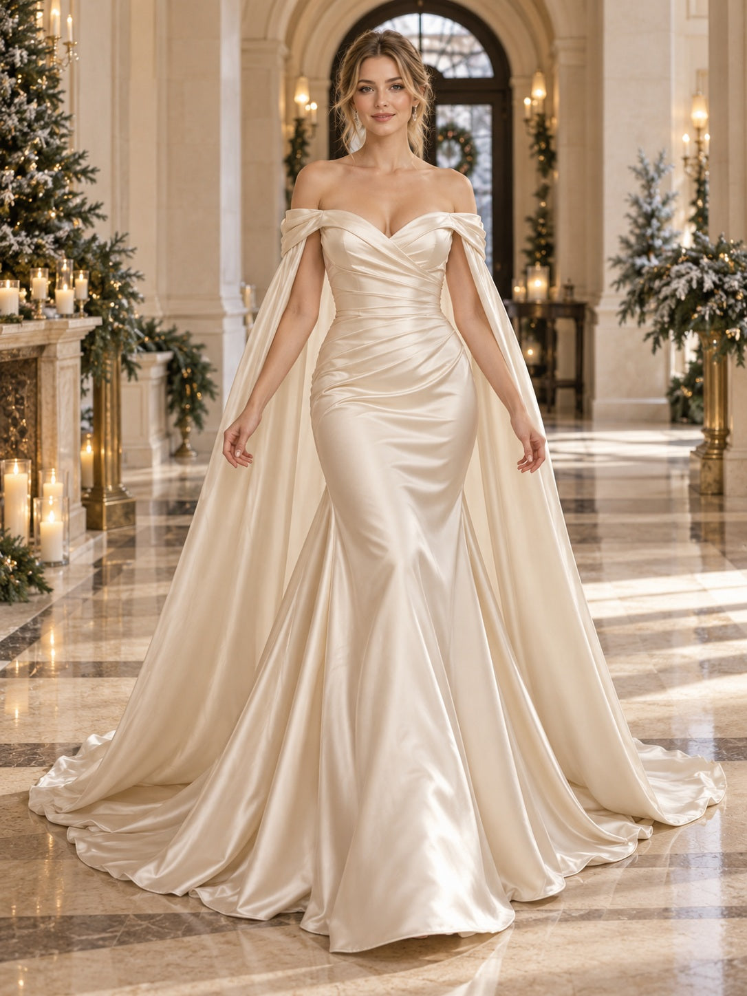 Off Shoulder Champagne Mermaid Ruched Satin Winter Wedding Cape Dress - view 1