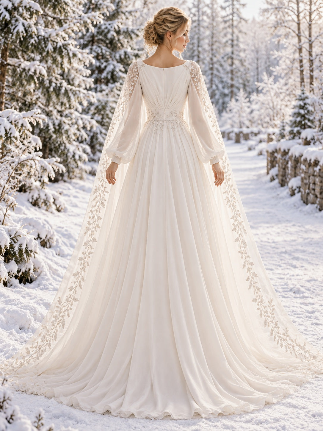 Modest Long Sleeve Bateau Chiffon Lace Wedding Cape Dress - view 2