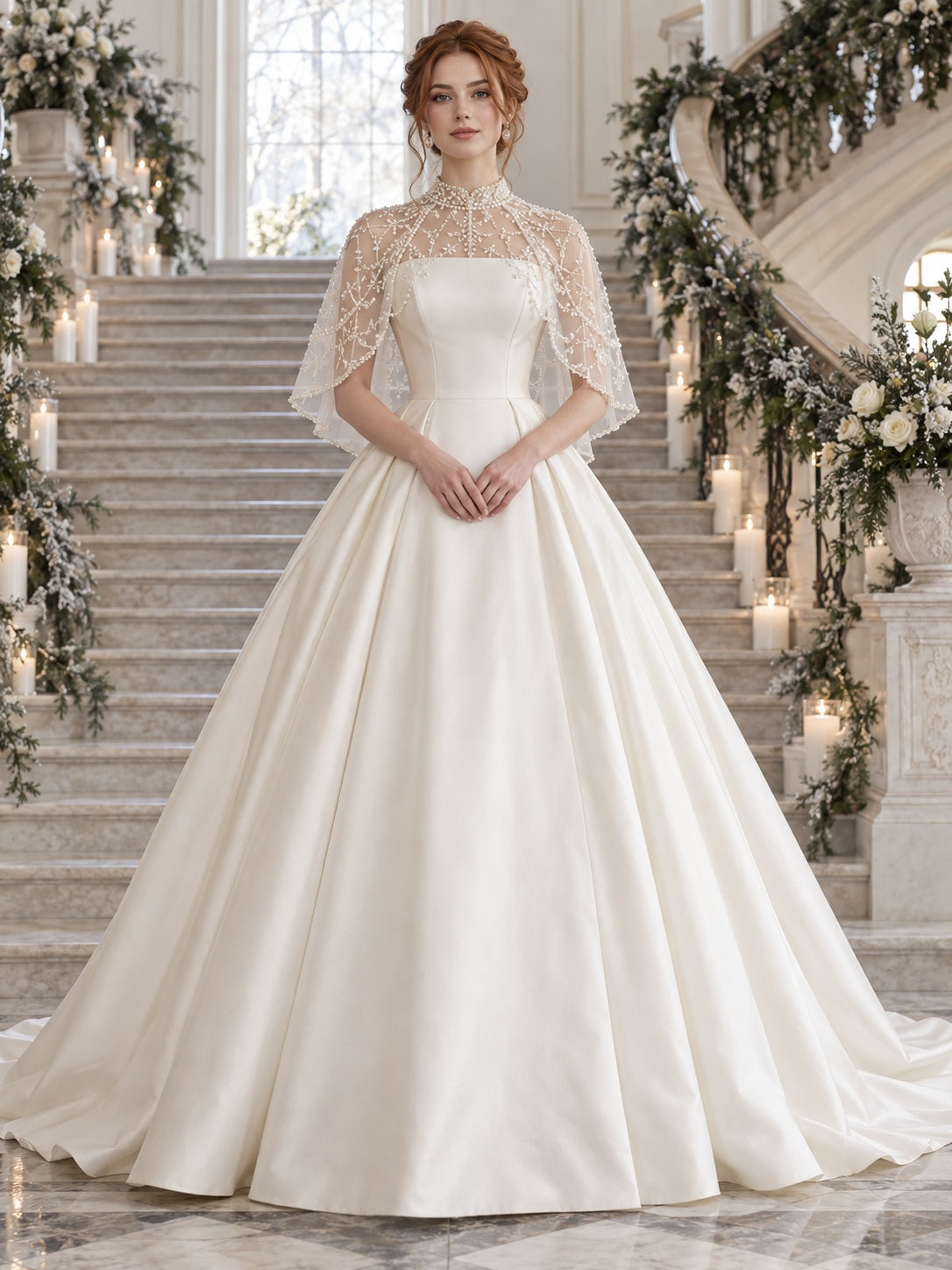 Modest High Neck Satin Wedding Sheer Beaded Cape Ball Gown - view 1
