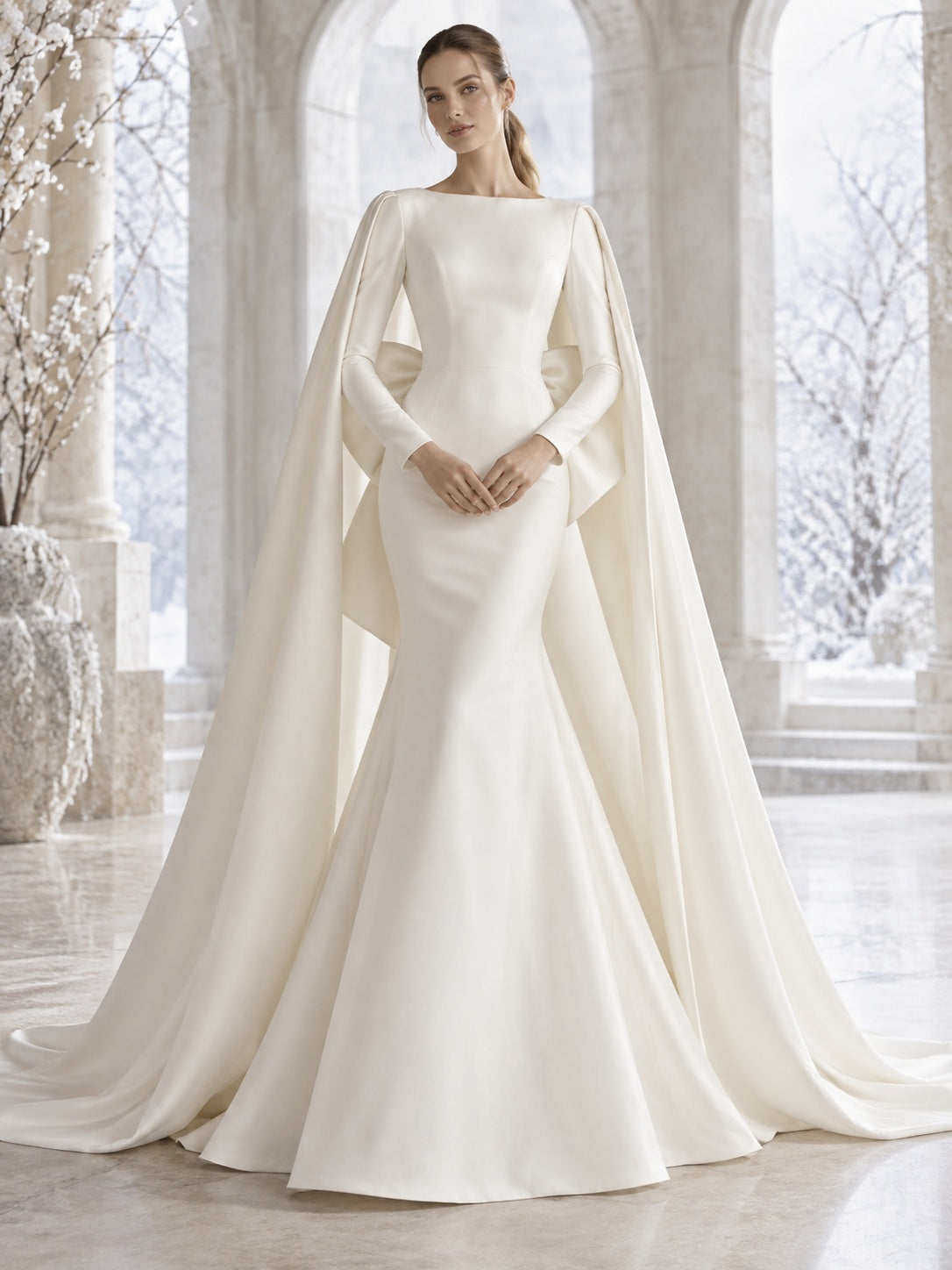 Schlichtes Meerjungfrauen-Winterbrautkleid mit langen Ärmeln, Bateau-Ausschnitt, Schleife und Cape