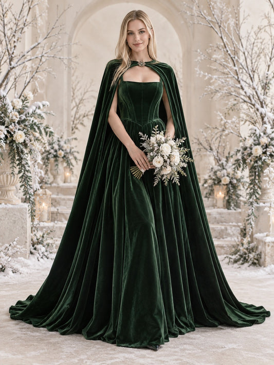 Square Neck Dark Green Winter Panelled Velvet Cape Full A-line Wedding Dress - view 1