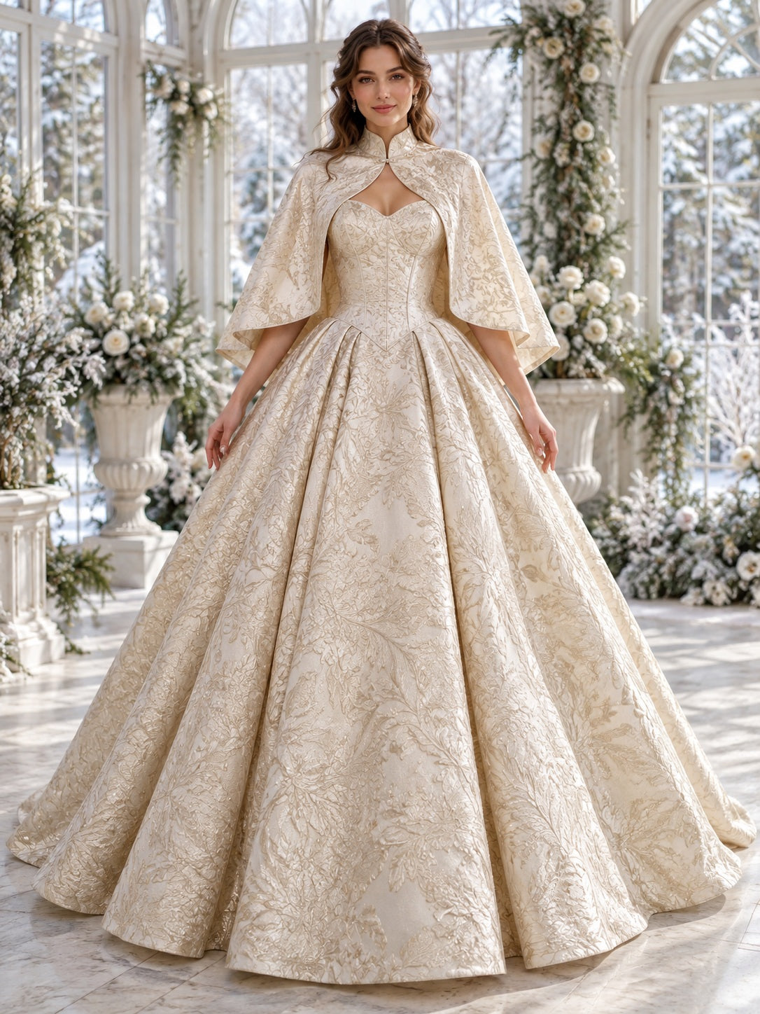 Champagnerfarbenes Winter-Brautkleid mit herzförmigem Ausschnitt, taillierter Silhouette, Brokat und Cape im Ballkleid-Stil