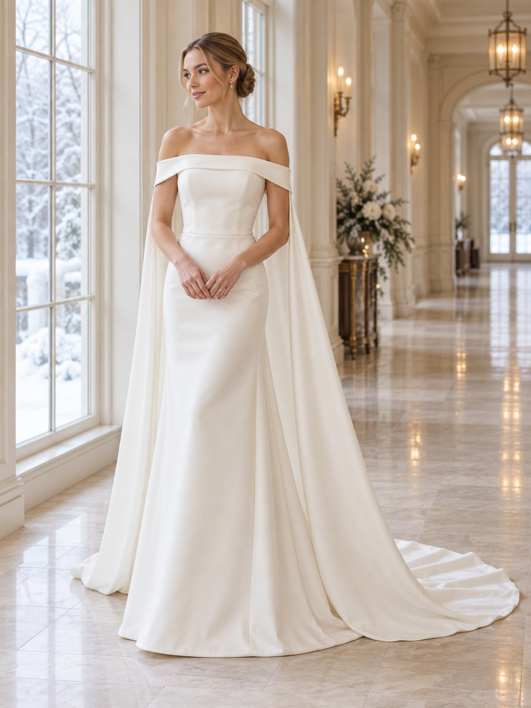 Schlichtes schulterfreies Satin-Brautkleid in Etui-Silhouette mit Cape und Hofschleppe