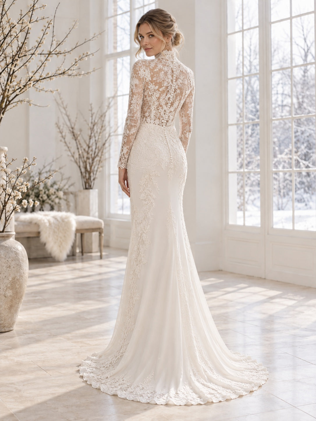 Vestido de novia de encaje y crepé en marfil, corte recto, cuello alto, manga larga y cola corta