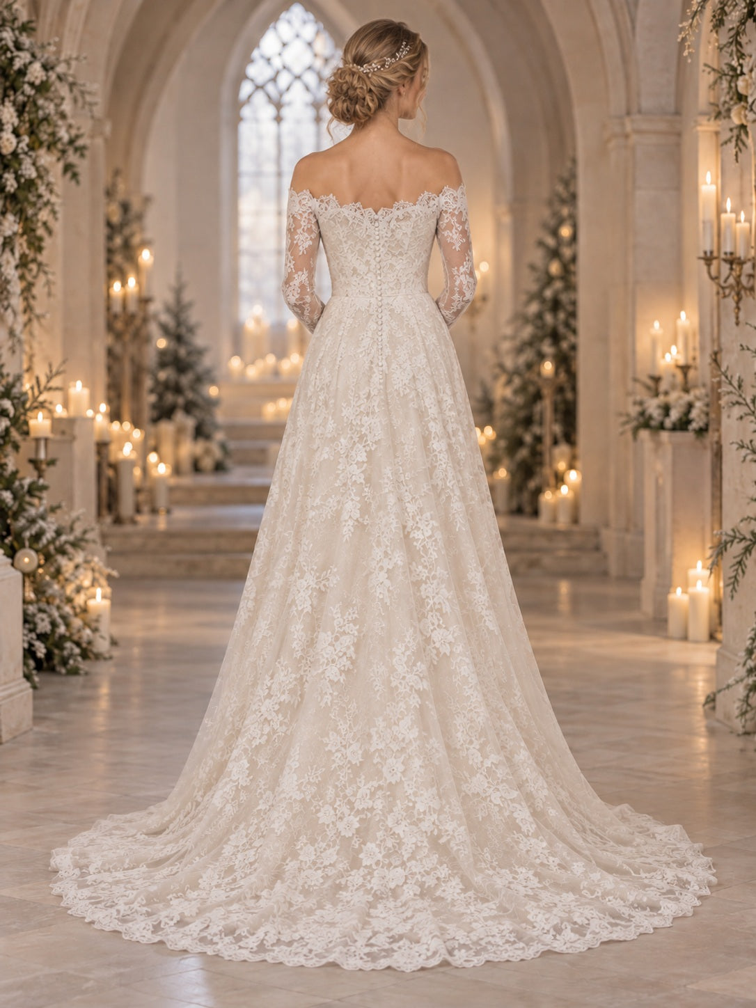 Long Sleeve Off Shoulder Scalloped Lace A-Line Wedding Dress, view 2