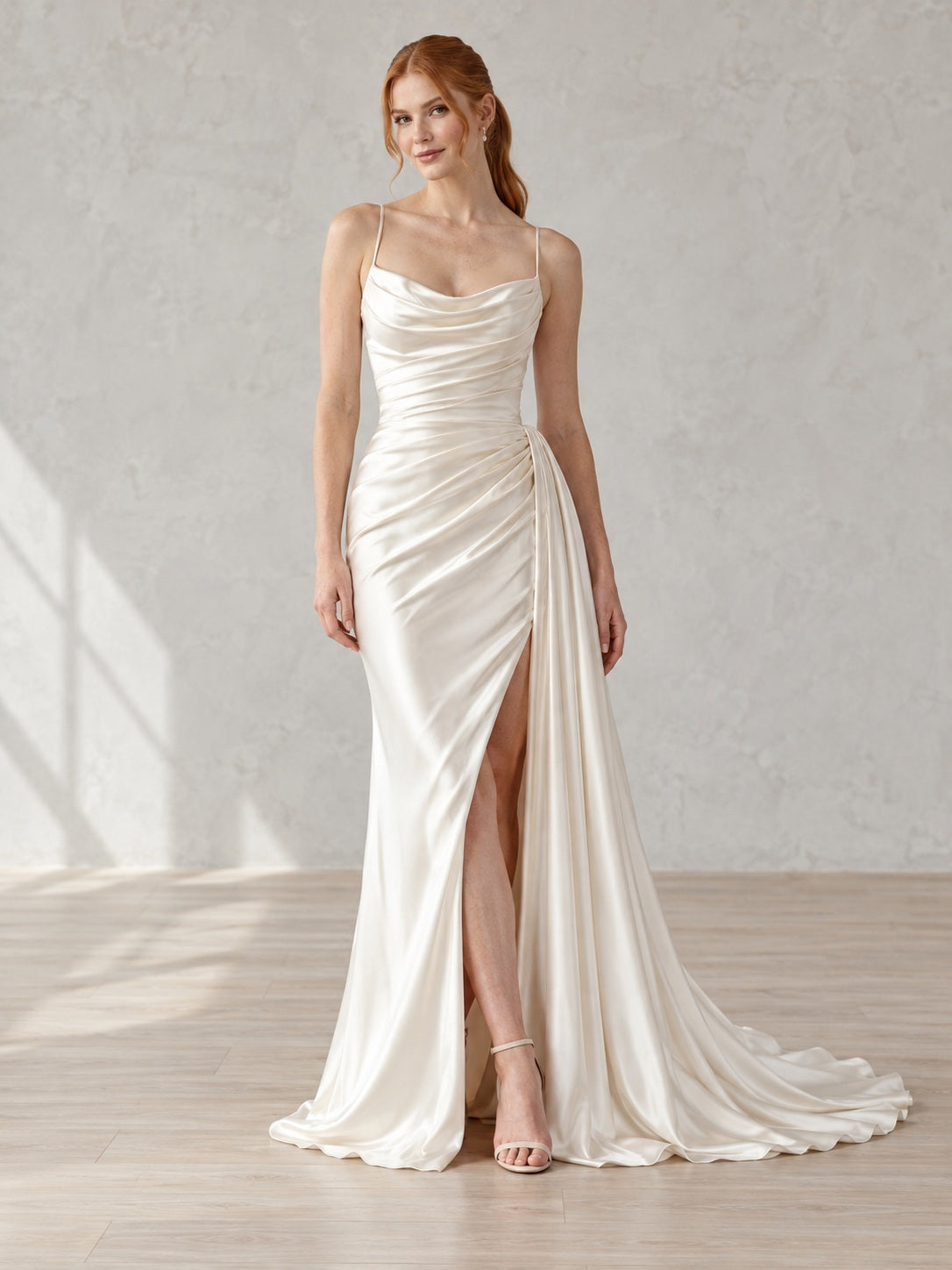 Simple Spaghetti Cowl Neck Draped Slit Satin Train Wedding Dress, view 1