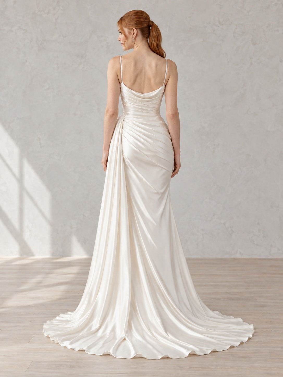 Simple Spaghetti Cowl Neck Draped Slit Satin Train Wedding Dress, view 2