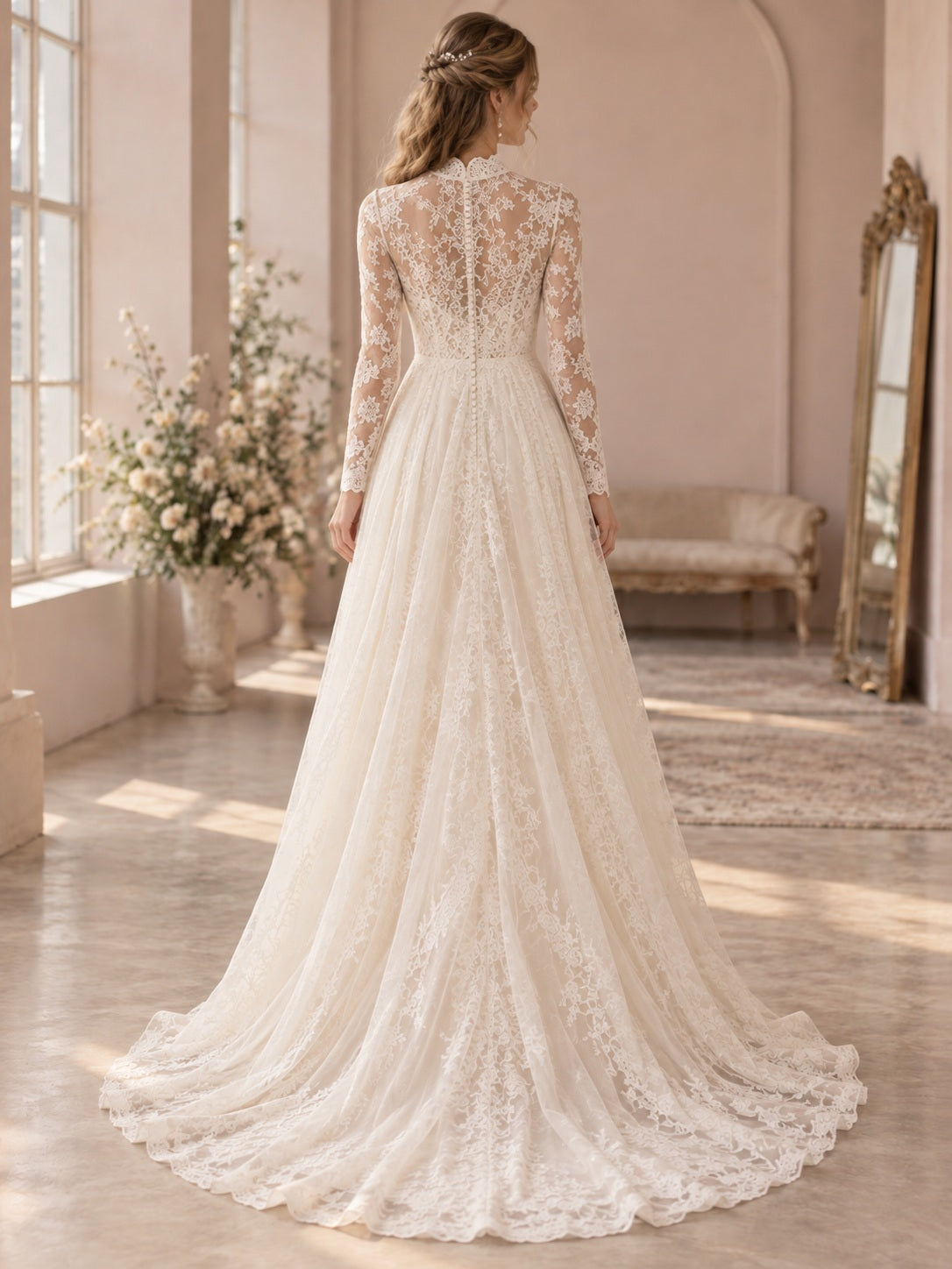 Modest High Neck Long Sleeve Gathered Lace Court Train Wedding Dress, view 2
