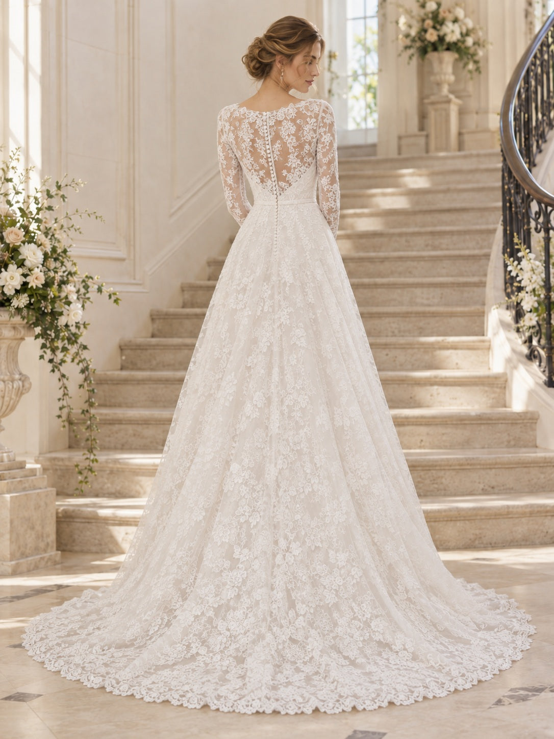 Dezentes, langärmeliges A-Linien-Brautkleid mit Bateau-Ausschnitt, Bogenkante, Blumenmuster und Schleppe