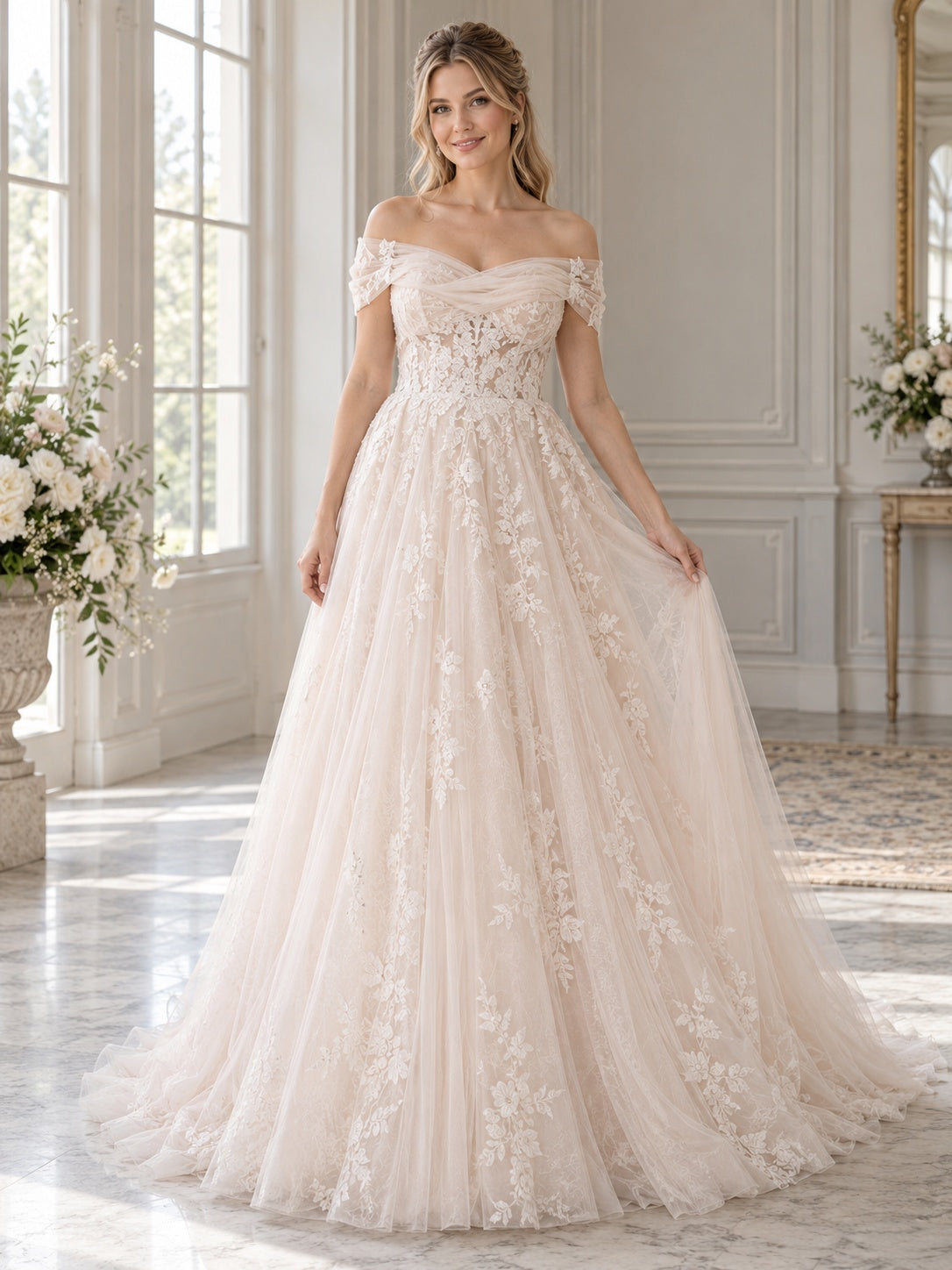 Vintage-Brautkleid in A-Linie mit schulterfreiem herzförmigem Ausschnitt, floraler Spitze und Schleppe