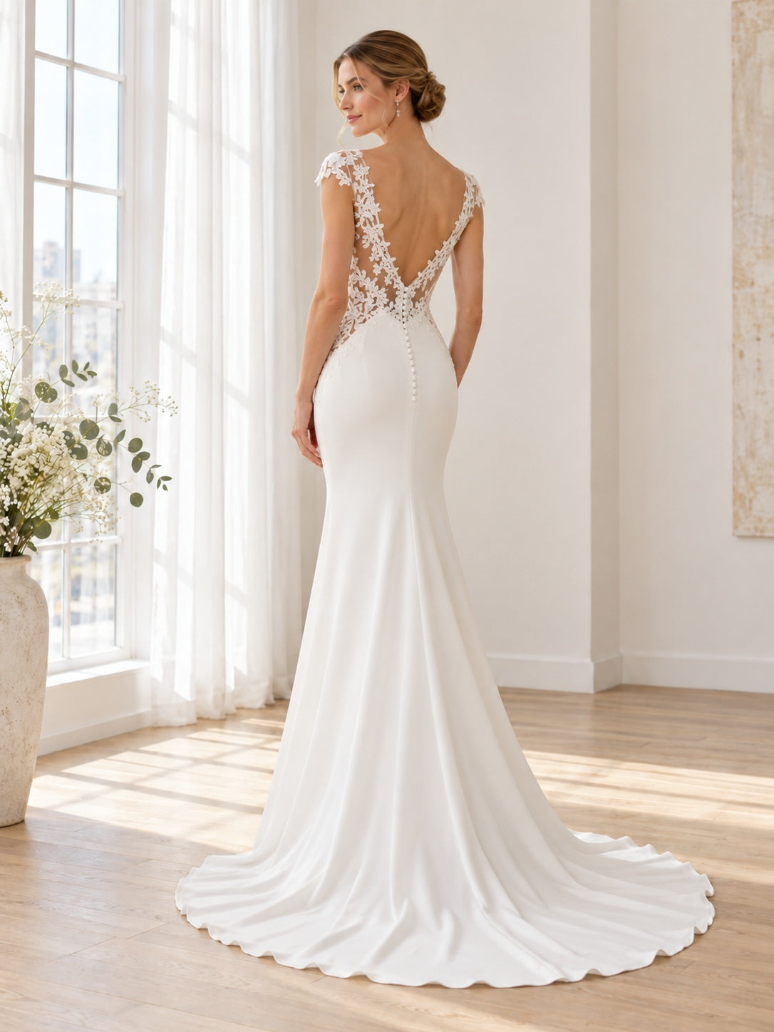 Schlichtes figurbetontes Satin-Brautkleid mit V-Ausschnitt, Flügelärmeln und floraler Spitze