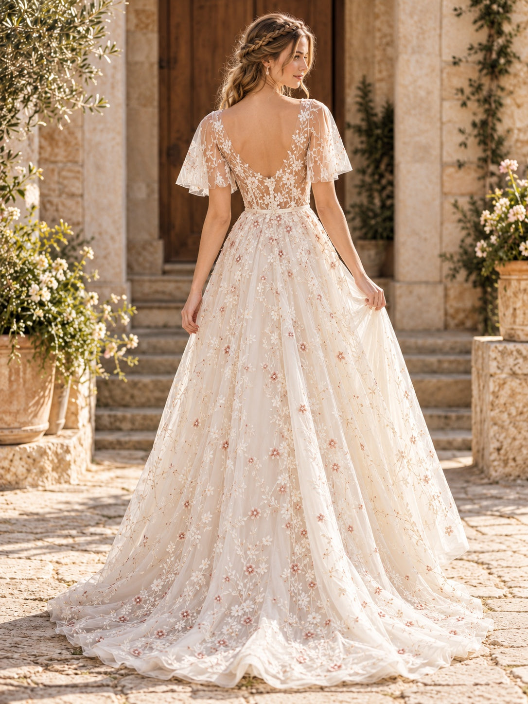 Florales A-Linien-Brautkleid aus Tüll mit Flatterärmeln und herzförmigem Illusion-Ausschnitt