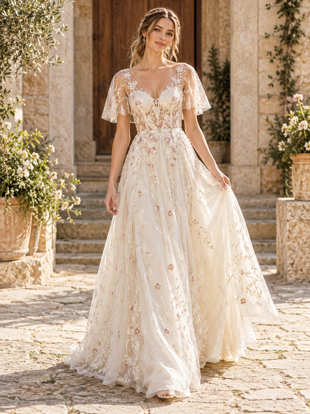 Florales A-Linien-Brautkleid aus Tüll mit Flatterärmeln und herzförmigem Illusion-Ausschnitt
