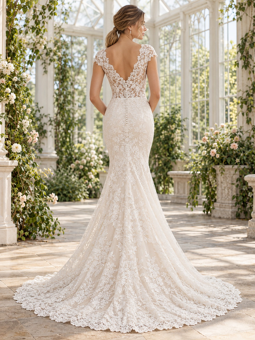 Boho-Meerjungfrauen-Brautkleid mit floraler Spitze, V-Ausschnitt und Flügelärmeln