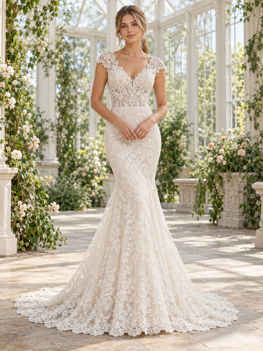 Boho-Meerjungfrauen-Brautkleid mit floraler Spitze, V-Ausschnitt und Flügelärmeln