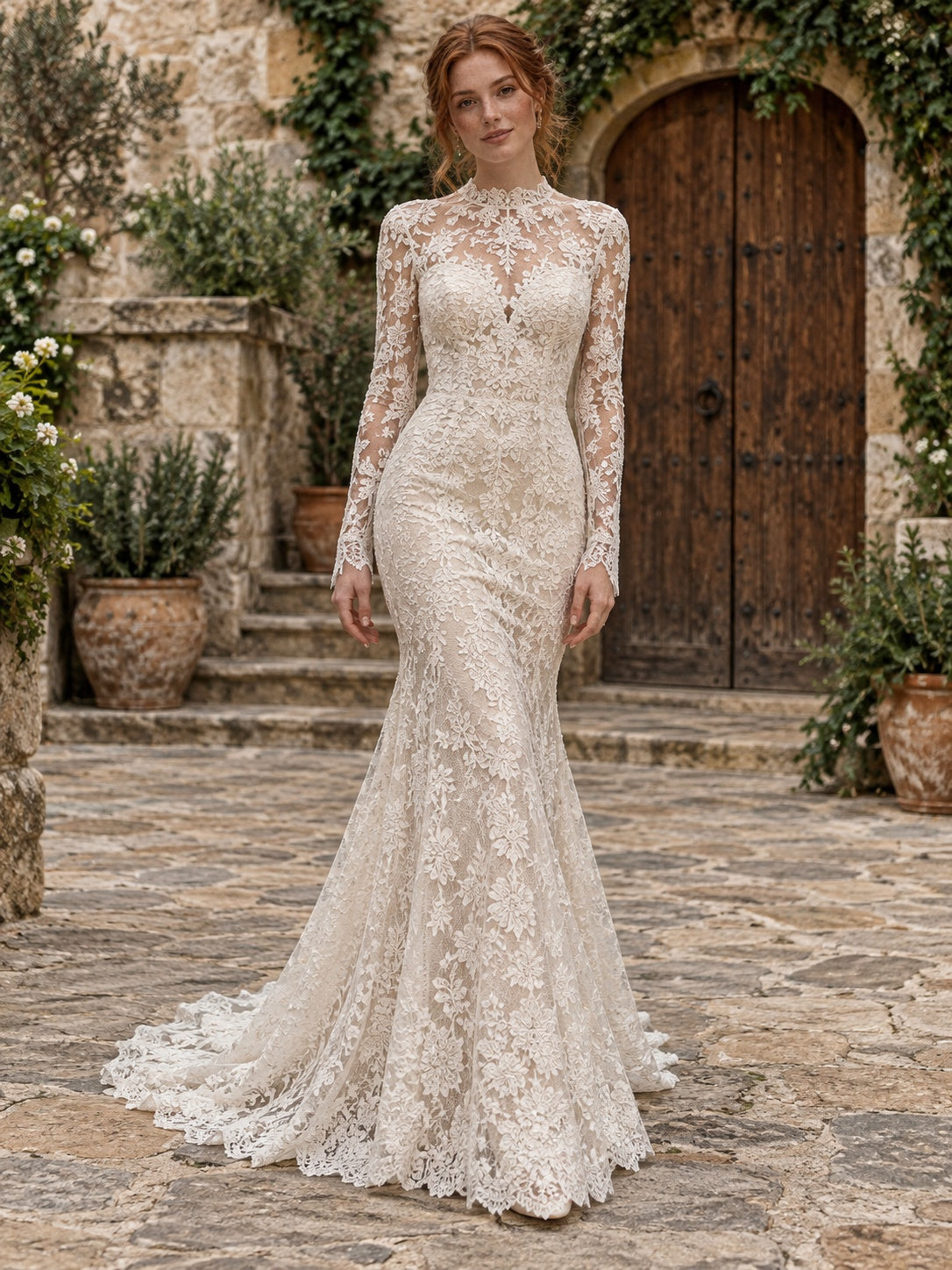 Hochgeschlossenes Brautkleid mit langen Ärmeln, Spitzenbesatz und rückenfreiem Schnitt