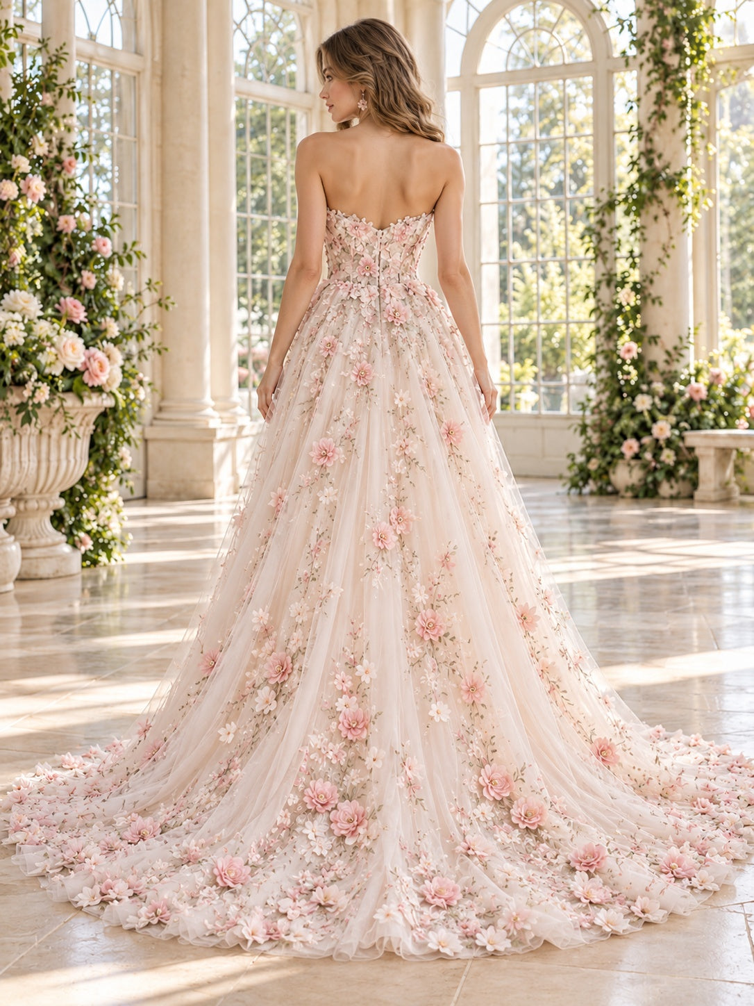 A-Linien-Brautkleid mit floralem Blush-Dekor, trägerlosem herzförmigem Ausschnitt, Tüll und Kapellenschleppe