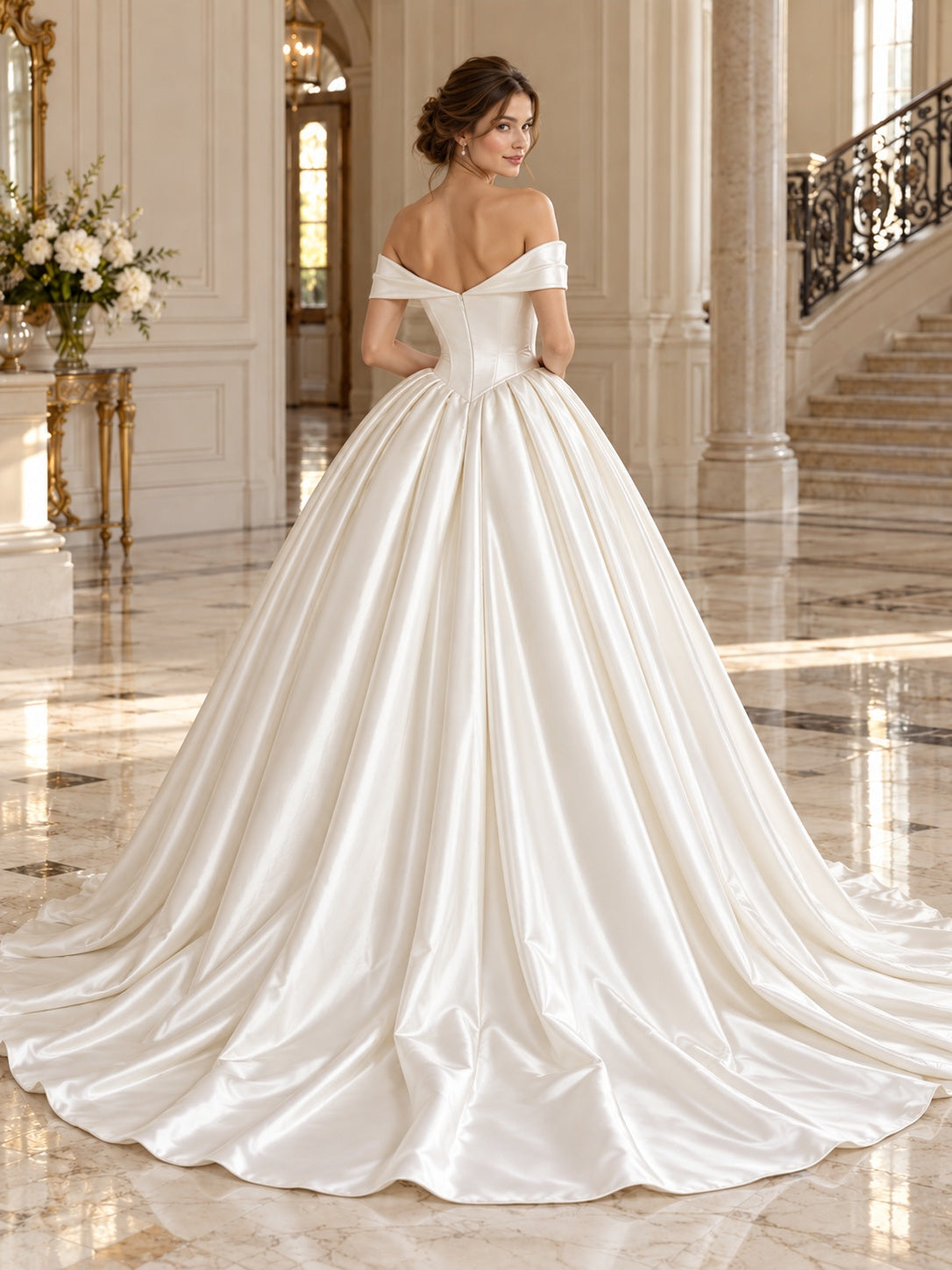 Schlichtes schulterfreies, plissiertes Satin-Ballkleid mit langer Schleppe als Brautkleid