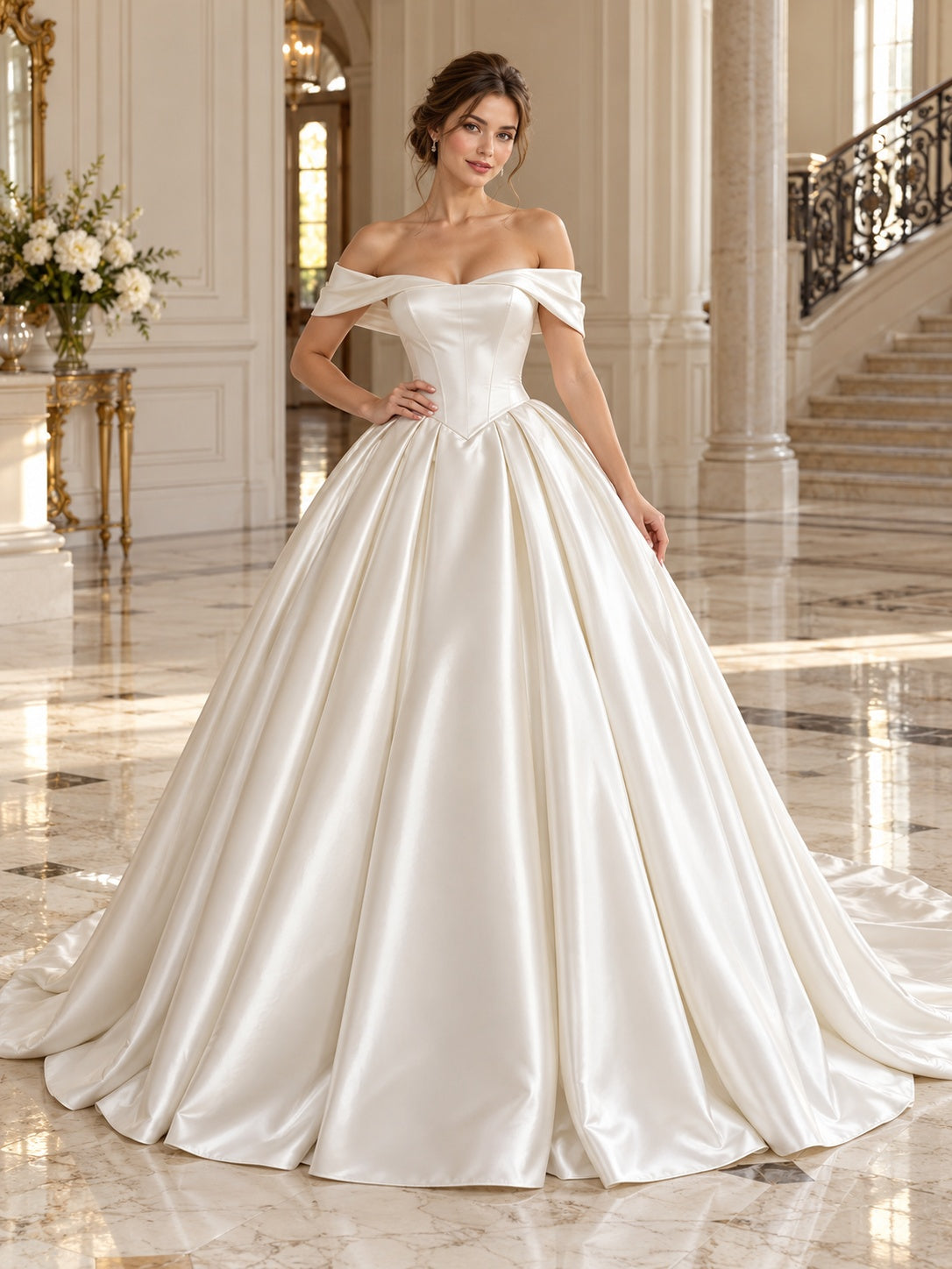 Schlichtes schulterfreies, plissiertes Satin-Ballkleid mit langer Schleppe als Brautkleid