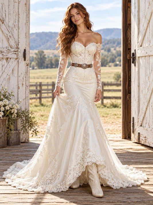 Vestido de novia de encaje en marfil, corte sirena, hombros descubiertos y escote corazón, manga larga y bajo asimétrico