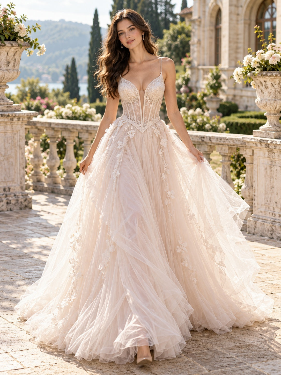 Basque Waist Blush Sweetheart Corset Spaghetti Strap Floral Tiered Tulle Train Wedding Dress — front view