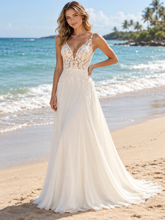 Robe de mariée de plage en mousseline, coupe trapèze, dos nu, col en V, bretelles spaghetti, avec dentelle florale et traîne balayante