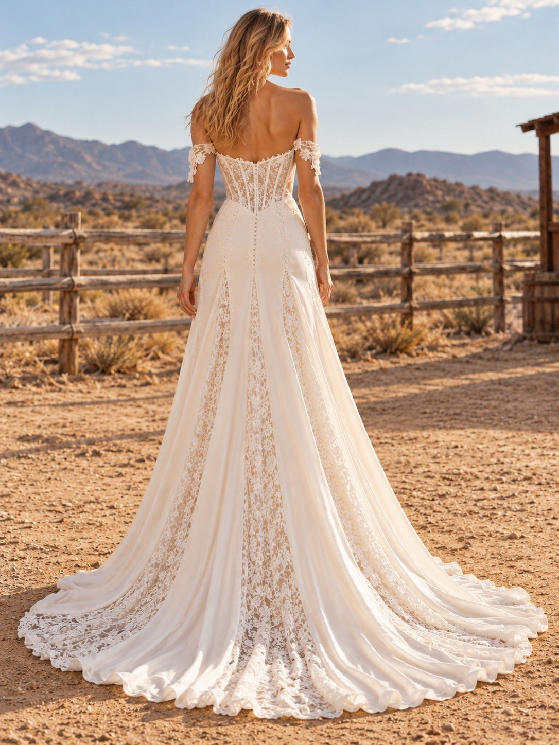 Boho Off Shoulder Sweetheart Corset Satin Lace Godet A-line Train Wedding Dress — back view