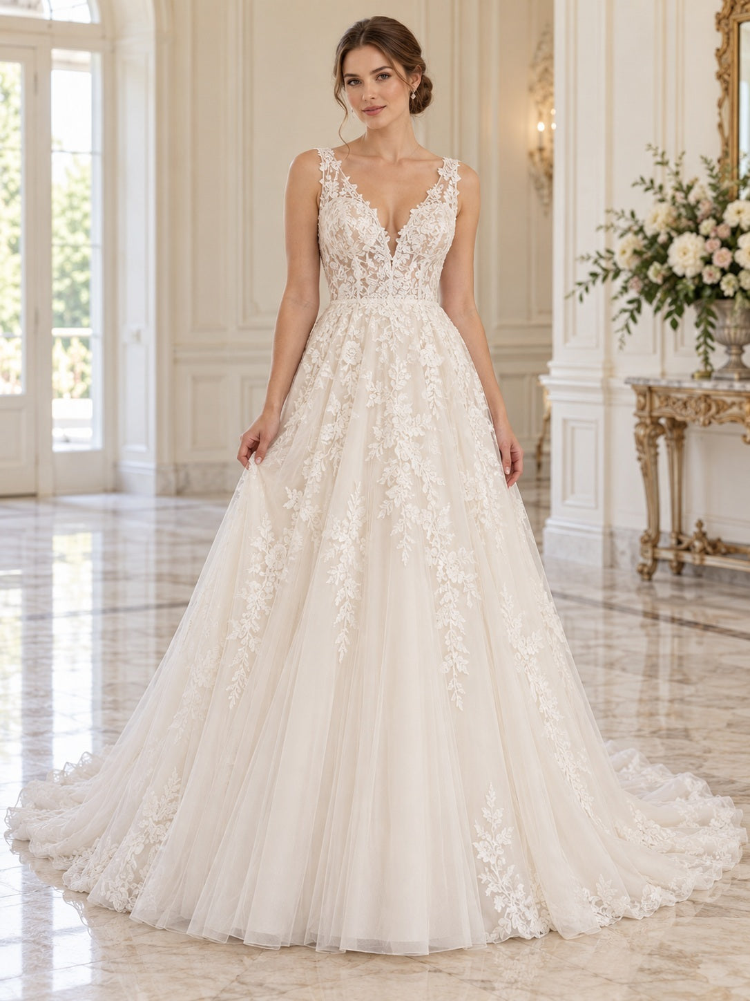 Vestido de novia de encaje y tul en marfil, línea A, escote en V, sin mangas y cola corta
