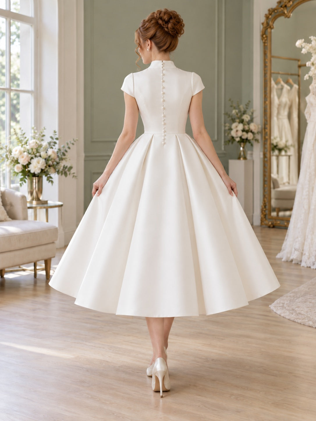 Wadenlanges, schlichtes, dezentes Brautkleid in A-Linie mit hohem Ausschnitt, Flügelärmeln, Satin, Knopfleiste vorne und Faltenwurf
