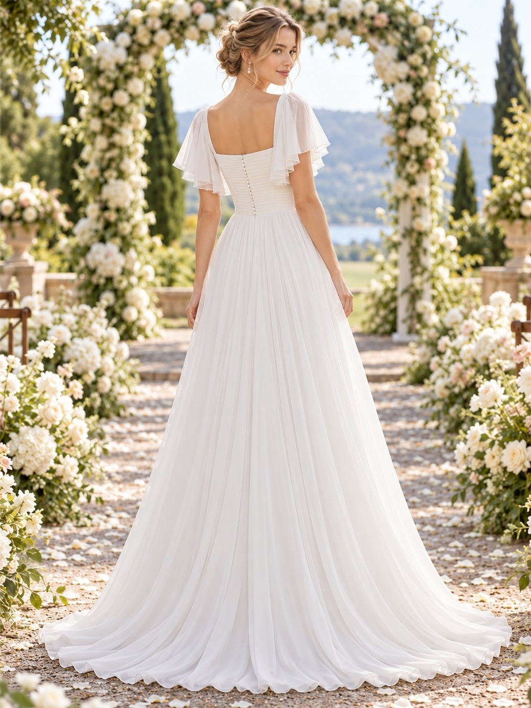 Simple Square Neck Ruched Flutter Sleeve Button Back A-line Chiffon Garden Wedding Dress — back view