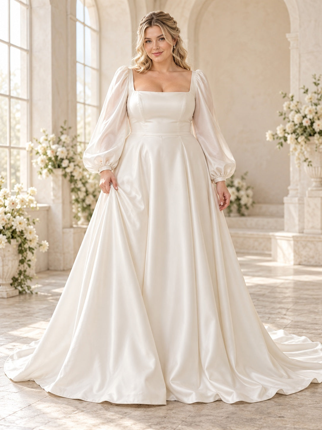 Plus Size Simple Square Neck Long Balloon Sleeve Satin A-line Court Train Wedding Dress — front view