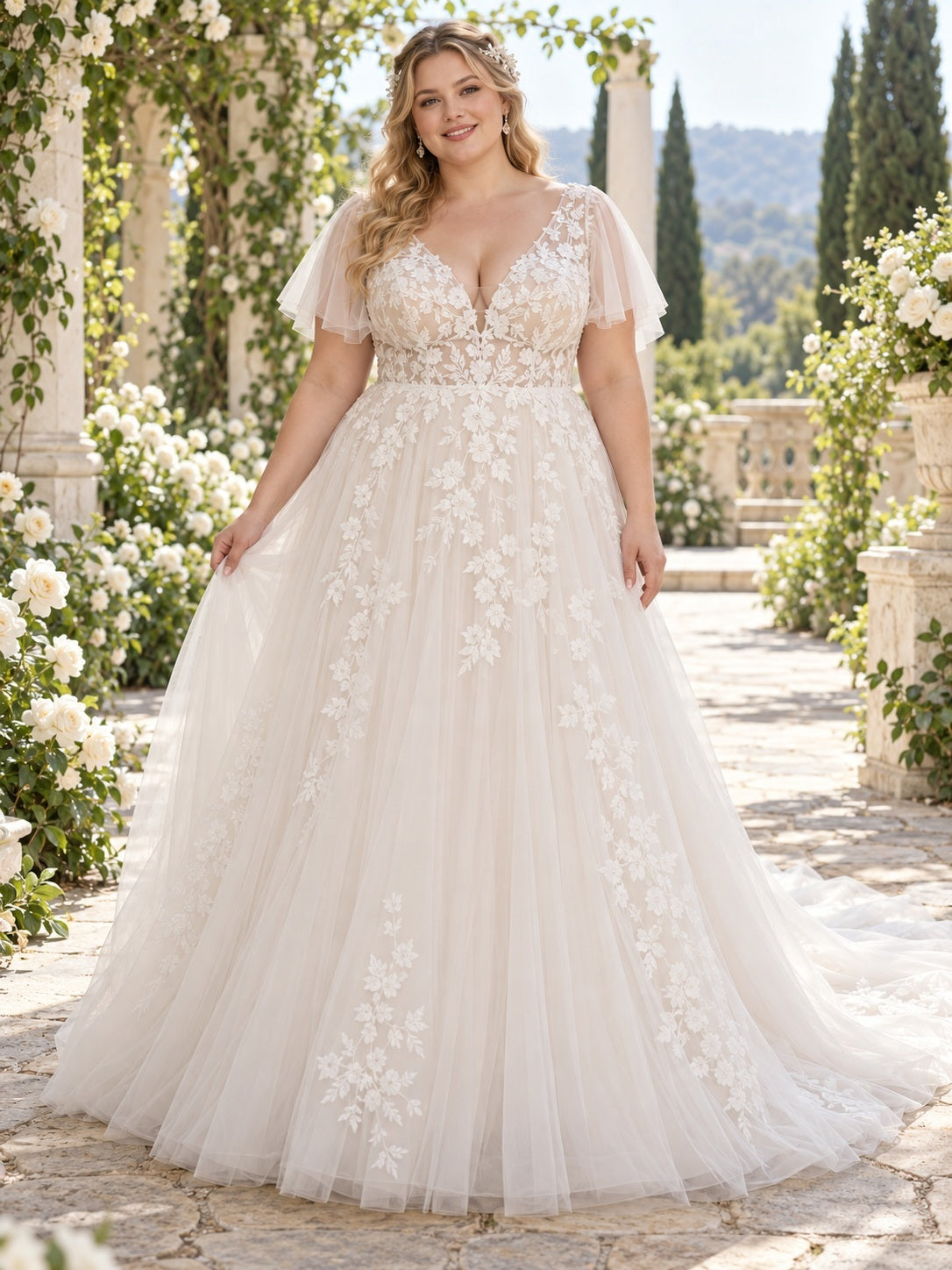 Vestido de novia en talla grande de encaje y tul en marfil, línea A, escote en V, manga corta y cola corta