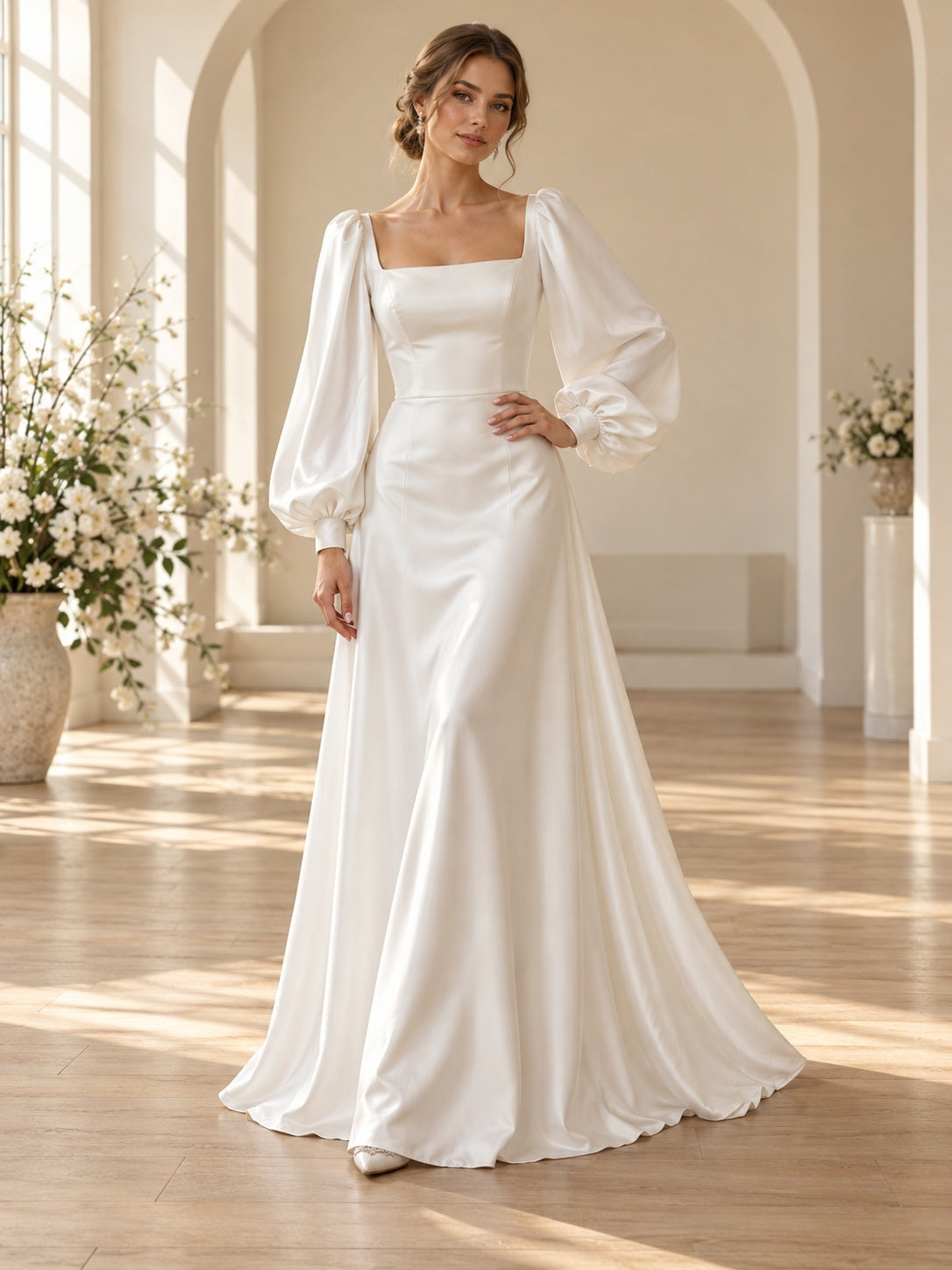 Vestido de novia de satén en marfil, corte recto, escote cuadrado, manga larga y largo hasta el suelo